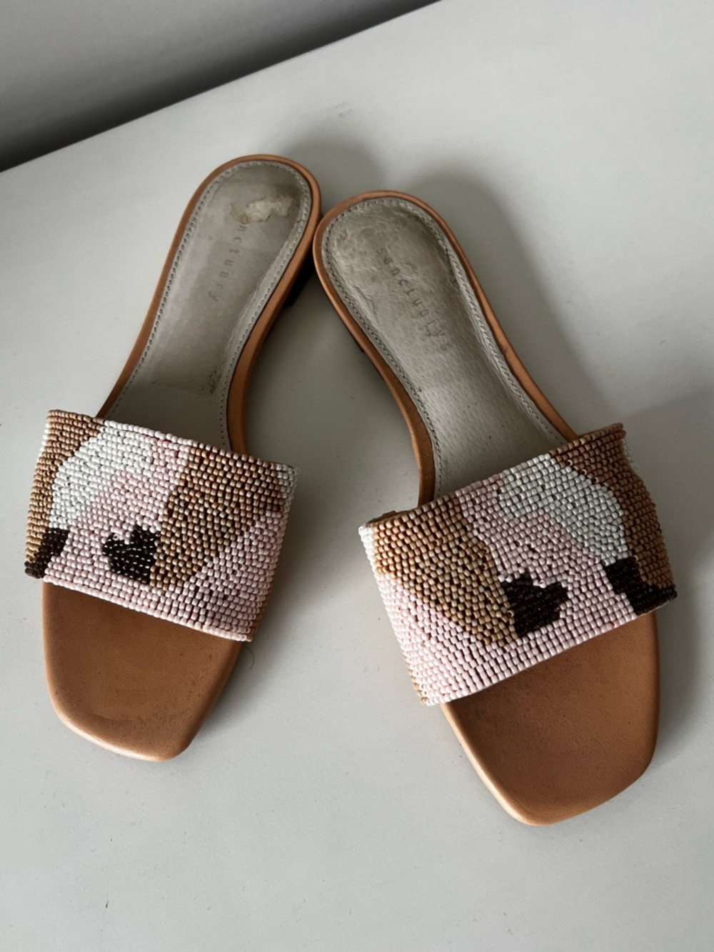 Sanctuary Beaded Slide Mules in Tan, Pink & Black
